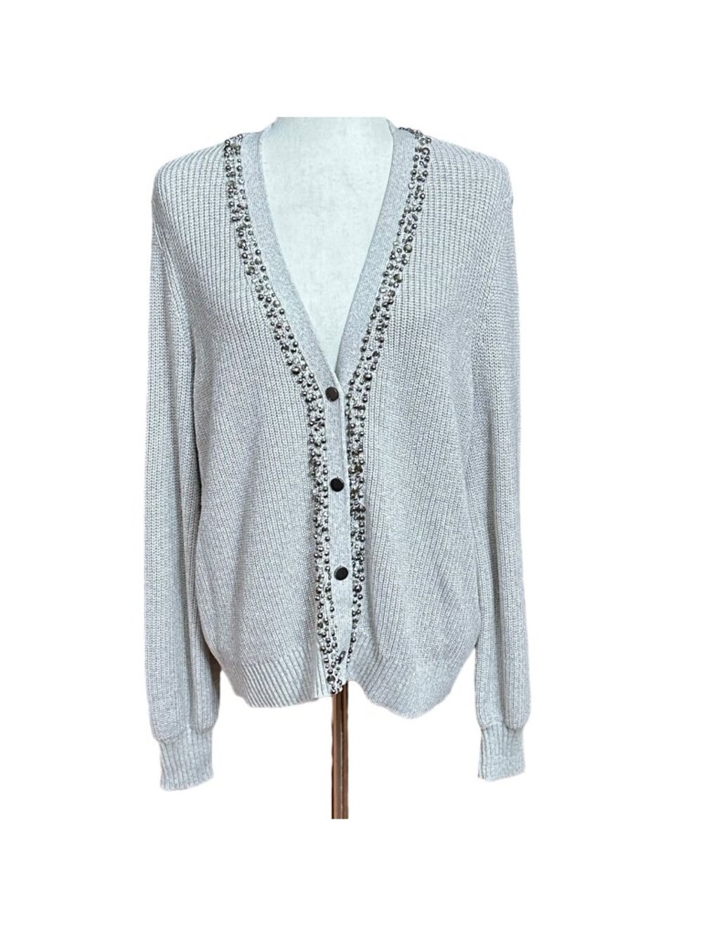 Chico's Cardigan Sweater Size 2 L Warm Gray Jeweled Kint Long Sleeve V Neck